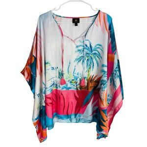 JM Collection Tropical Poncho Top Womens M V-Neck Tasseled AOP Travel Resort